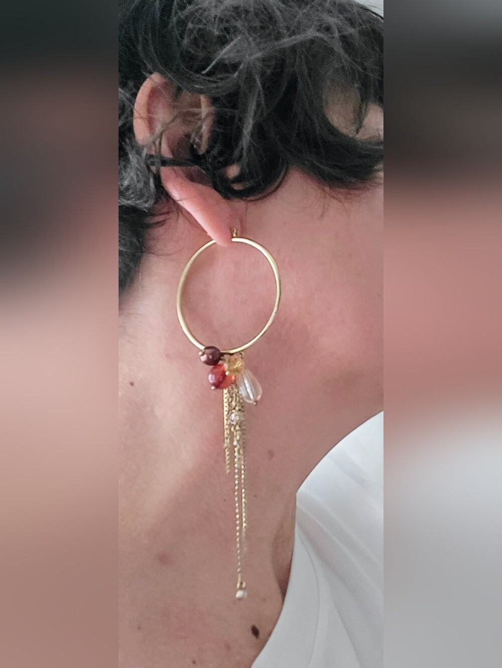 Gold Hoop Drop Earrings with Red Beads and Chain Tassels